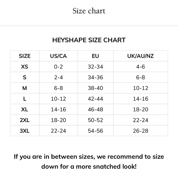 Heyshape Size Chart - Picture 1 of 1